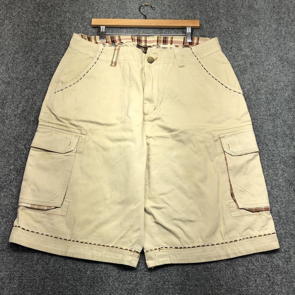 Y2K  Cargo Shorts Mens 38 Beige Canvas Relaxed Fit 12 Inseam Embroidered Pockets